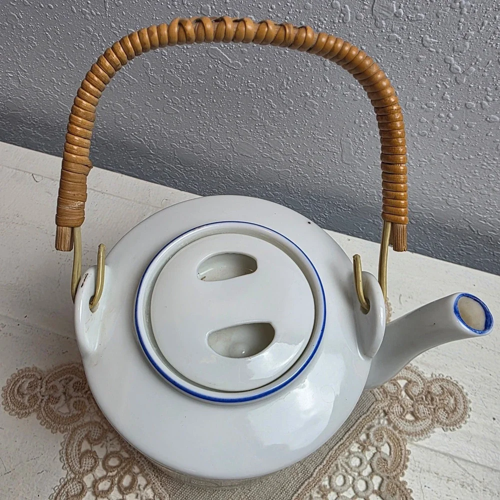 Vintage Ceramic Botanica Teapot Yellow Floral Clover Blue Trim Lid Rattan Handle
